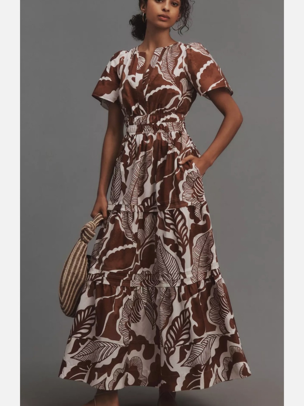Anthropologie Somerset Brown and White Printed Midi Dress
